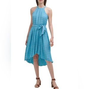 Calvin Klein Womens Blue Plaid Halter Midi Fit Flare Dress 4(no belt)